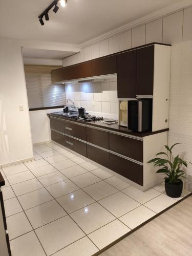 a kitchen with brown cabinets and a potted plant at Apartamento com vista para lagoa in Caxias do Sul