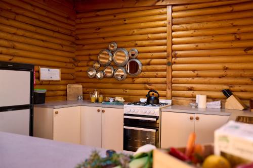 a kitchen with wooden walls and a stove at Cloudy Bay Cabin in South Bruny