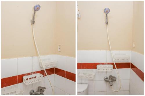 two pictures of a bathroom with a shower and a toilet at Capital O 94796 Apartment Mutiara Bekasi in Pekayon Satu