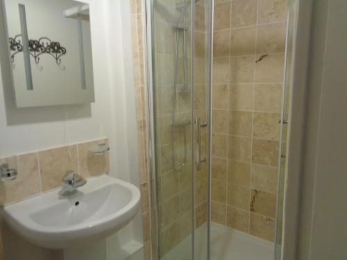 ein Badezimmer mit Dusche und Waschbecken in der Unterkunft Minsmere Cottage in Yoxford