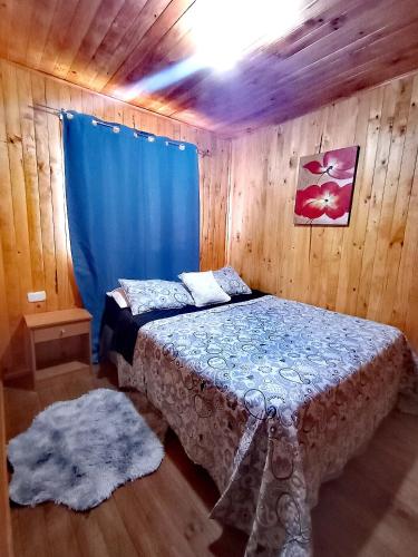 コンスティトゥシオンにあるcabañas eco chahuilcoのベッドルーム1室(青いカーテン付きのベッド1台付)