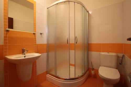 ein Bad mit einer Dusche, einem WC und einem Waschbecken in der Unterkunft Penzión Pagy in Višňové