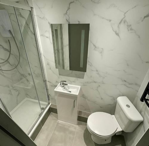 une salle de bains avec toilettes, douche et lavabo dans l'établissement Private luxury stay Abudhabi, à Abu Dhabi