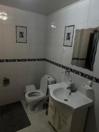 a bathroom with a toilet and a sink and a mirror at Квартира на огонбаева in Bishkek