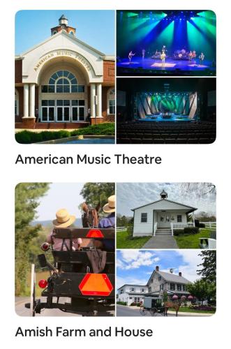 a collage of pictures of an american music theatre amish farm and house at The Highland Oasis in Ephrata