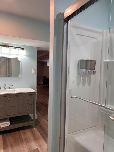 a bathroom with a shower and a sink at The Highland Oasis in Ephrata