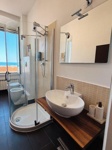 a bathroom with a sink and a shower at La Bora Roiana in Trieste