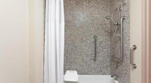 a bathroom with a shower with a toilet and a shower curtain at Days Inn Springfield South in Springfield