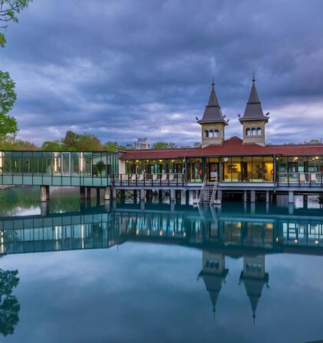 a building with a reflection in the water at night at Villa Olga in Hévíz