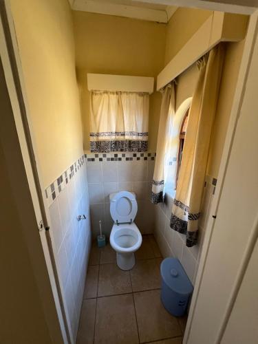 a small bathroom with a toilet and a window at Pavlovna Bunk with the kids Cottage in Himeville