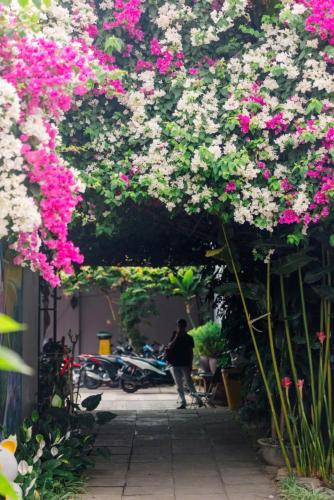a man walking down a walkway with pink and white flowers at Window Homestay in Kon Tum