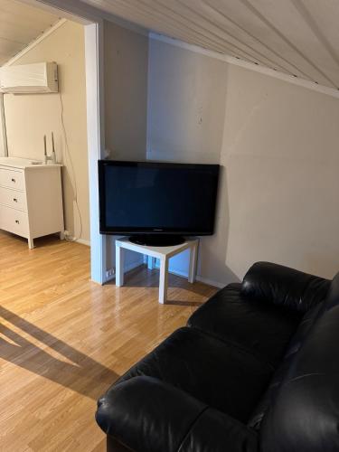 a living room with a black couch and a flat screen tv at Sentral familievennlig enebolig in Åmot