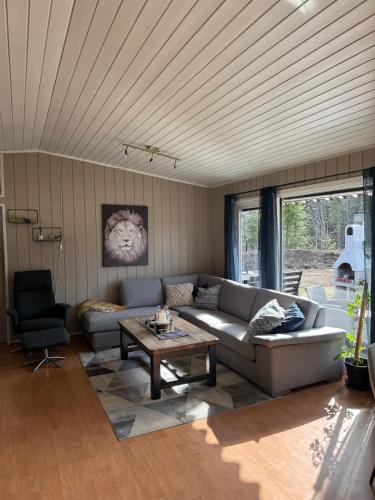 a living room with a couch and a coffee table at Sentral familievennlig enebolig in Åmot