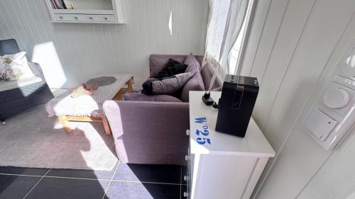 a living room with a purple couch and a chair at Litla Hyttå, Mosterhamn Bømlo in Mosterhamn