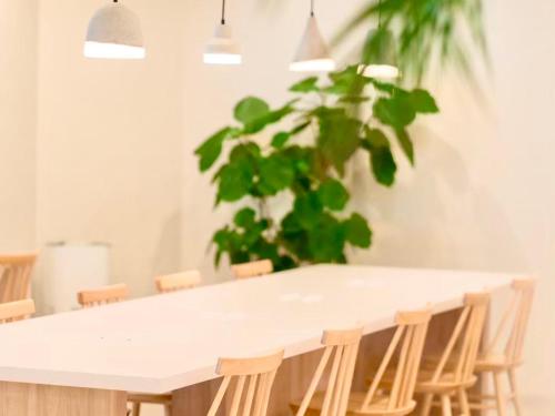 a white table with chairs and a potted plant at HOTEL minimumms女性専用カプセルホテルWomen only hotel in Naha