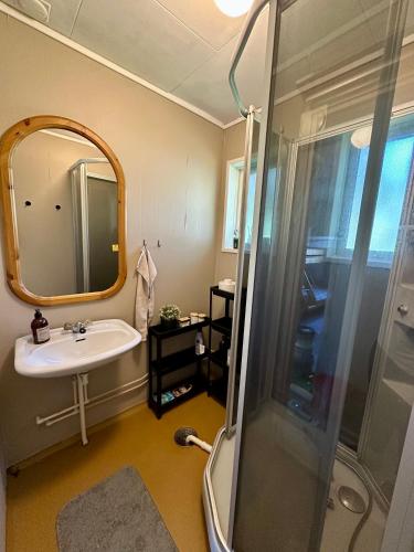 a bathroom with a sink and a shower with a mirror at Romslig kystperle med sjel i Skulsfjord Tromsø in Tromsø