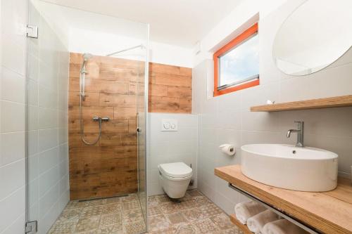 a bathroom with a shower and a sink and a toilet at U Mirina in Velké Karlovice