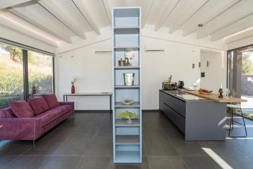 a kitchen and a living room with a ladder at Villa White Oleander Etna and Pool in Calatabiano