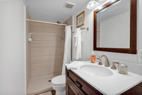 a bathroom with a sink and a toilet and a mirror at Inn Cahoots at Bent Tree Ranch in Lampasas