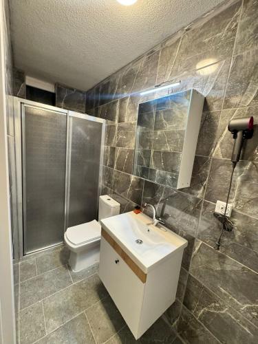 a bathroom with a toilet and a sink and a shower at QLİNE HOTEL AİRPORT SaW in Istanbul