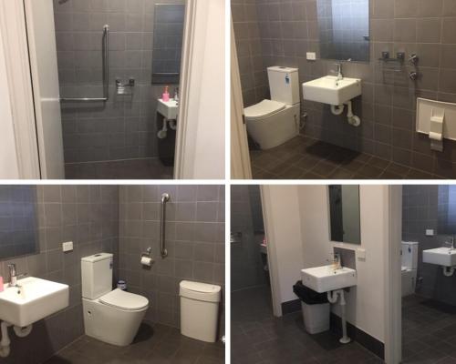 two pictures of a bathroom with two toilets and sinks at Jarrah Forest Lodge in Dwellingup