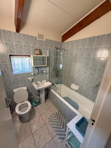 a bathroom with a toilet and a sink and a shower at Shelly Villa in Shelly Beach