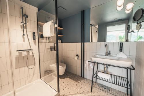 a bathroom with a shower and a sink and a toilet at HOP Apartments & Suites in Interlaken