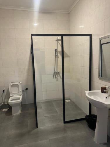 Un baño con ducha, inodoro y lavabo. en A 3-Bedroom Duplex For Sharing, en Dar es Salaam