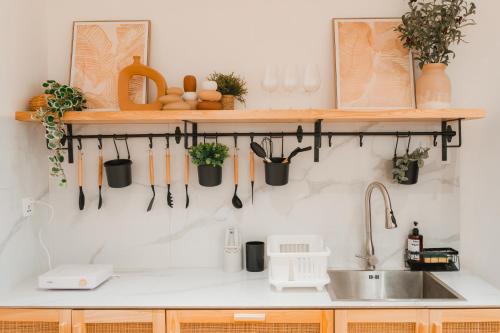 塞米亚克Iryla Villa Bali的墙上带餐具的厨房台