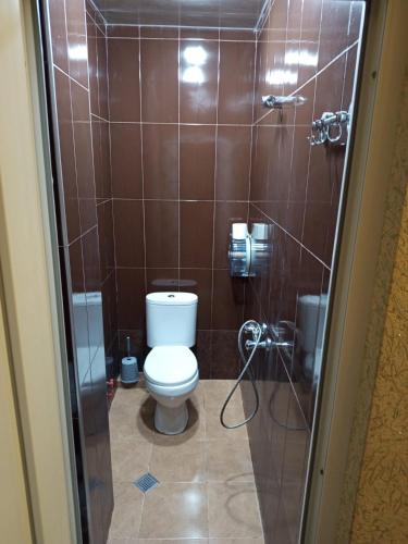 a bathroom with a toilet and a shower at Kavela555 in Tbilisi City
