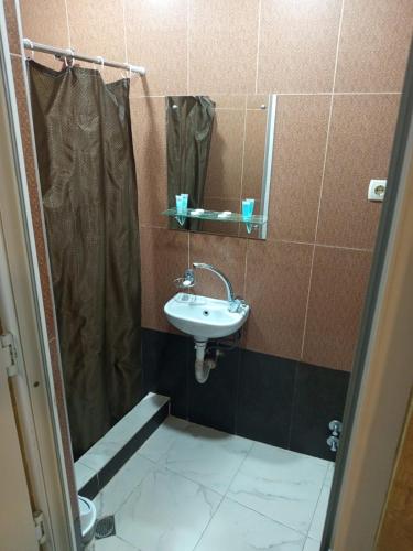 a bathroom with a sink and a shower with a mirror at Kavela555 in Tbilisi City
