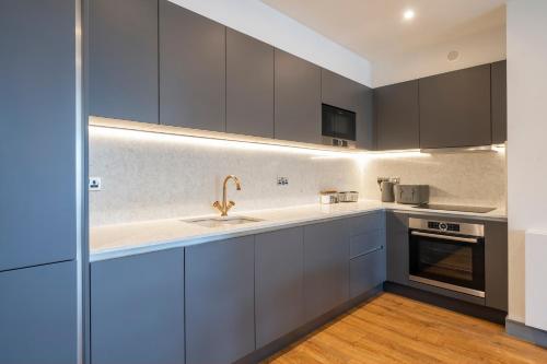 a kitchen with gray cabinets and a sink at Luxury Apartments in a vibrant part of North London in London
