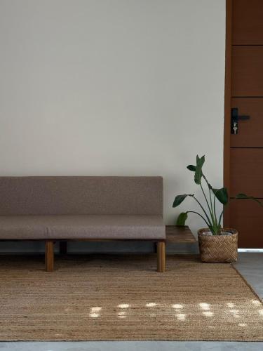 a couch in a living room with a potted plant at Thira House in Varkala