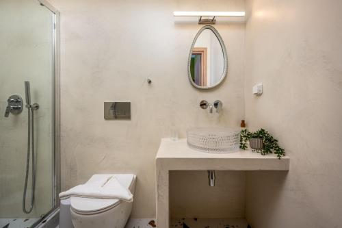a bathroom with a toilet and a sink and a mirror at The Old Symi in Symi