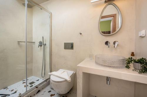 a bathroom with a shower and a toilet and a sink at The Old Symi in Symi
