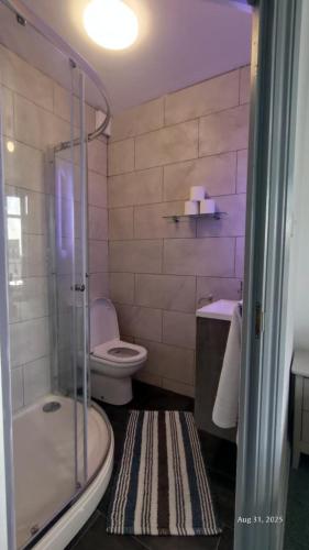 a bathroom with a shower and a toilet and a sink at OYO Shore Surf Lodge in Newquay