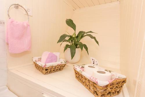 a bathroom with two baskets and a potted plant at Duplex Studio Traversa- Split Old Town in Split
