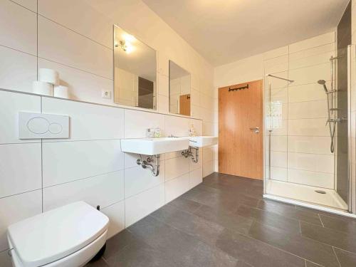 a bathroom with a toilet and a sink and a shower at STB112 gemütliche Monteurwohnung in Steinberg am See