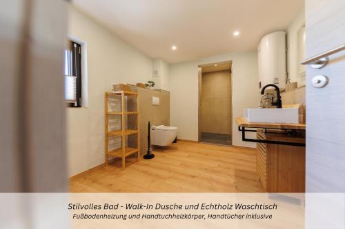 a bathroom with a sink and a toilet in a room at CASA BENJI - Familienfreundliche FeWo - Landhausstil - Garten - Parkplatz in Pirna