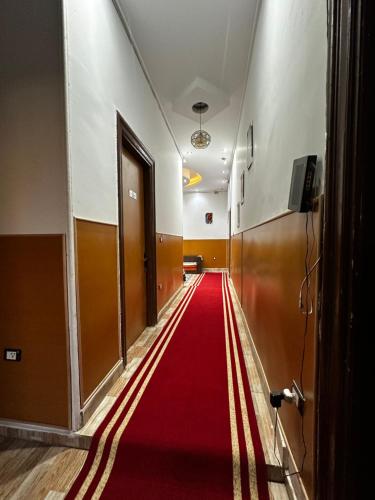 a hallway with a red carpet in a building at Cecilia Hostel in Cairo