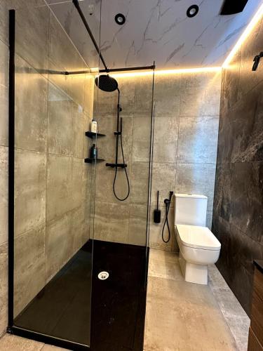 a bathroom with a shower and a toilet at Luxehaus MCR in Manchester