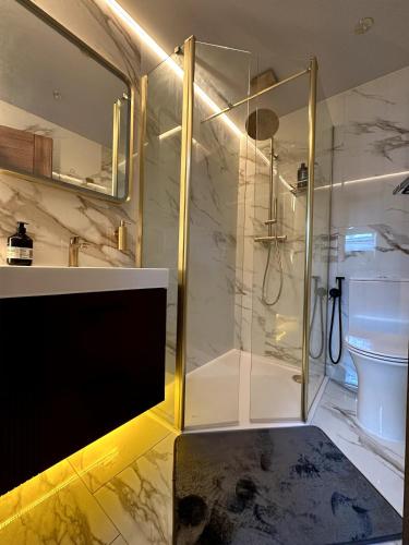 a bathroom with a shower with a tv in it at Luxehaus MCR in Manchester