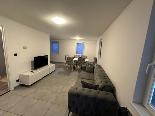 a living room with a couch and a television at Marmus in Pfaffenhoffen
