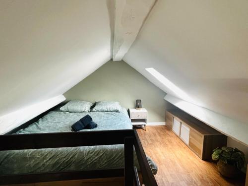 a bedroom with a bed in a attic at Le Nid de l'Autodrome, cosy & pratique in Linas