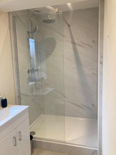 a shower with a glass door in a bathroom at Wookey Holiday Flat in Wookey