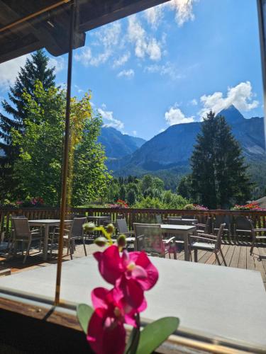 a pink flower sitting on a table with a view of mountains at Sonnenburg Hotel in Ehrwald