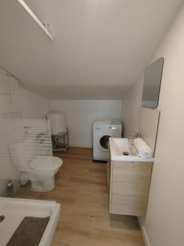 a bathroom with a toilet a sink and a washing machine at Studio Proche Centre ville avec Place de Stationnement in Montélimar