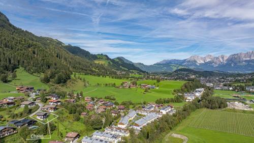 an aerial view of a village in the mountains at Chalet Moralee Kitzbühel, Whirlpool & Alpenblick in Kitzbühel