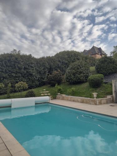 a large blue swimming pool in a yard at Castle Of Saint Germain Des Rives in Saint-Germain-des-Rives