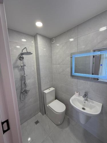 a bathroom with a toilet and a sink at Stylish House in Kutaisi